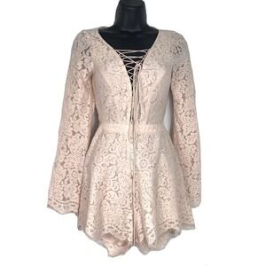 Blush Pink Lace Playsuit Bell Sleeve Lace-Up Medium | Festival Boho Chic Barbie